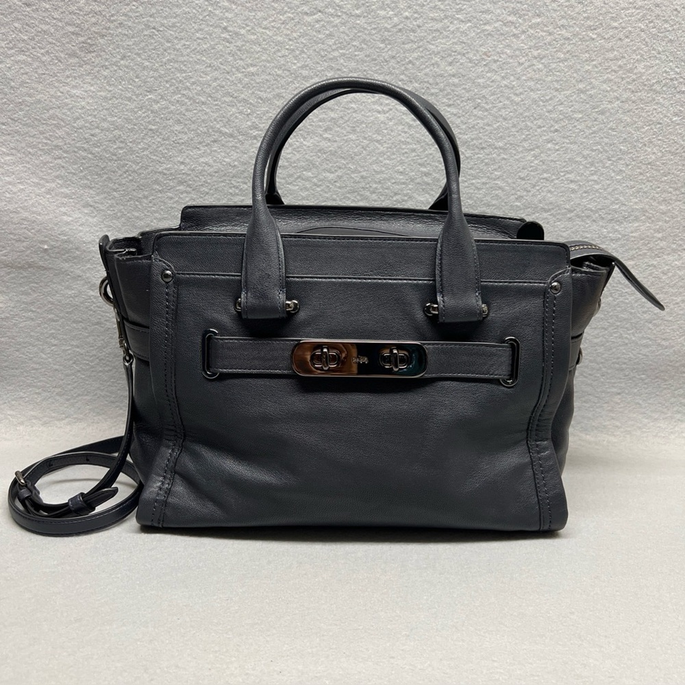 Coach Swagger 27 Soft Grain Leather Navy Double Turnlock Satchel Bag Gunmetal